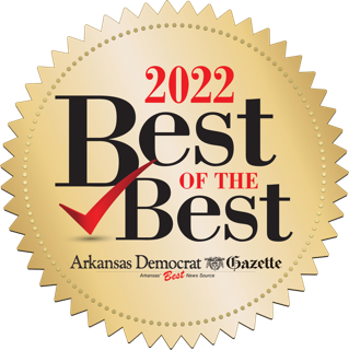 2022 Best of the Best award seal from Arkansas Democrat Gazette; gold with red check mark.
