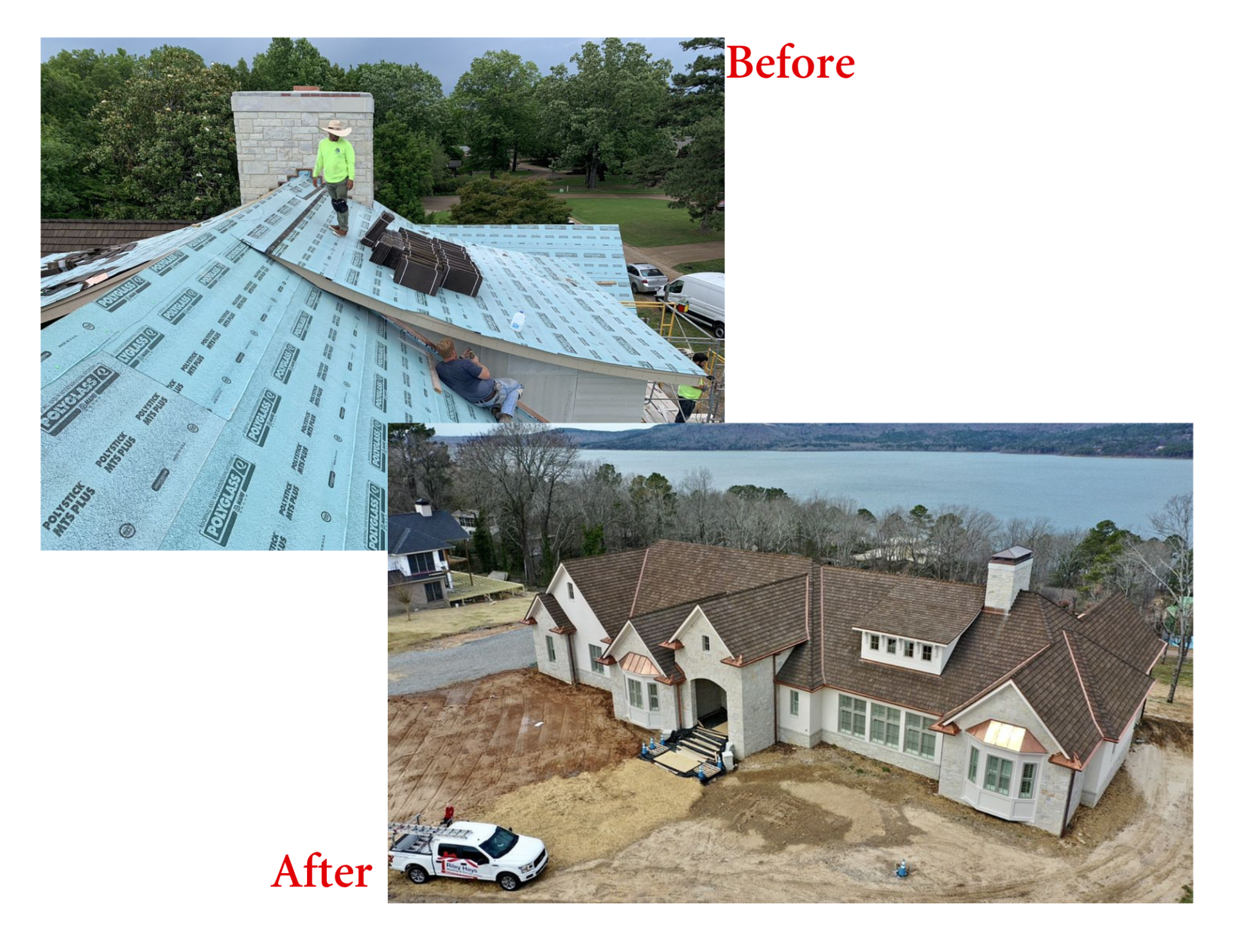 A before and after picture of a roof being installed on a house.