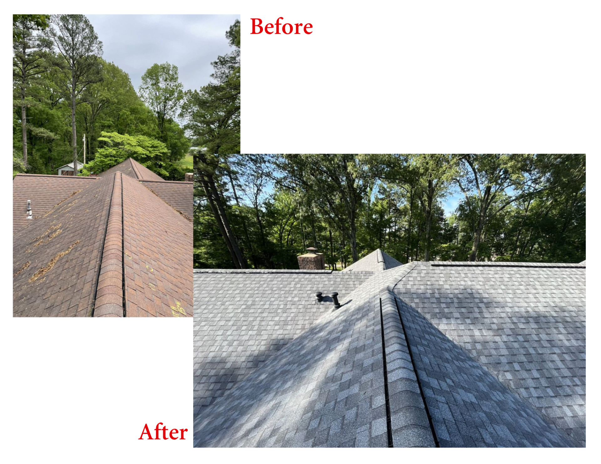 A before and after picture of a roof with trees in the background.