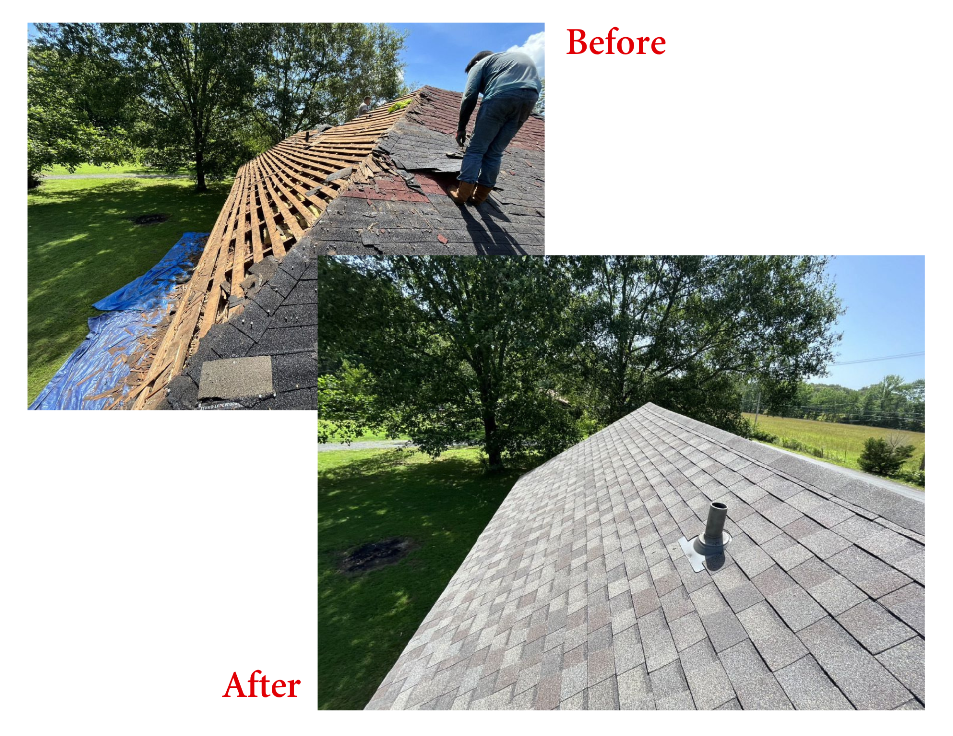 A before and after picture of a roof being repaired.
