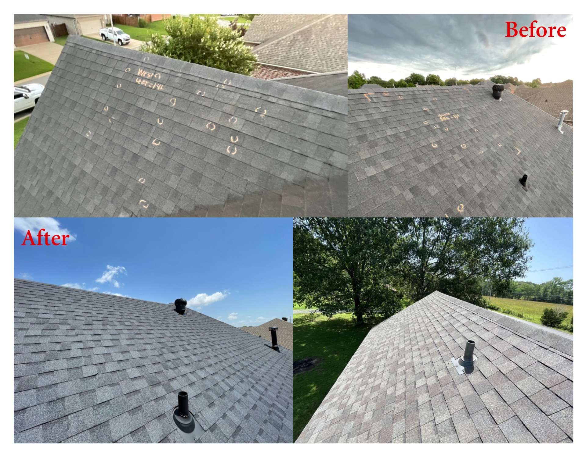 A collage of pictures of a roof before and after being repaired.
