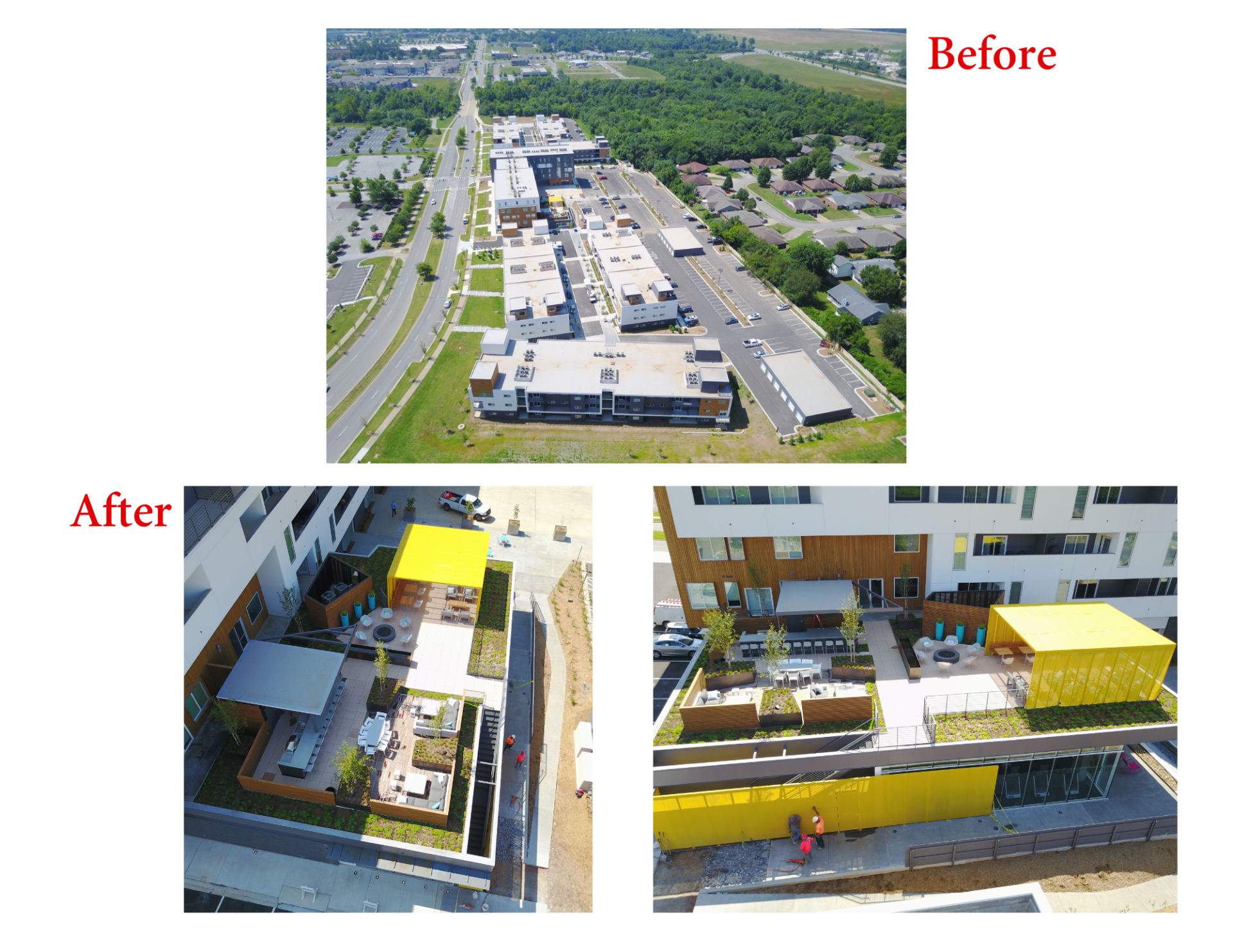 An aerial view of a building before and after being remodeled
