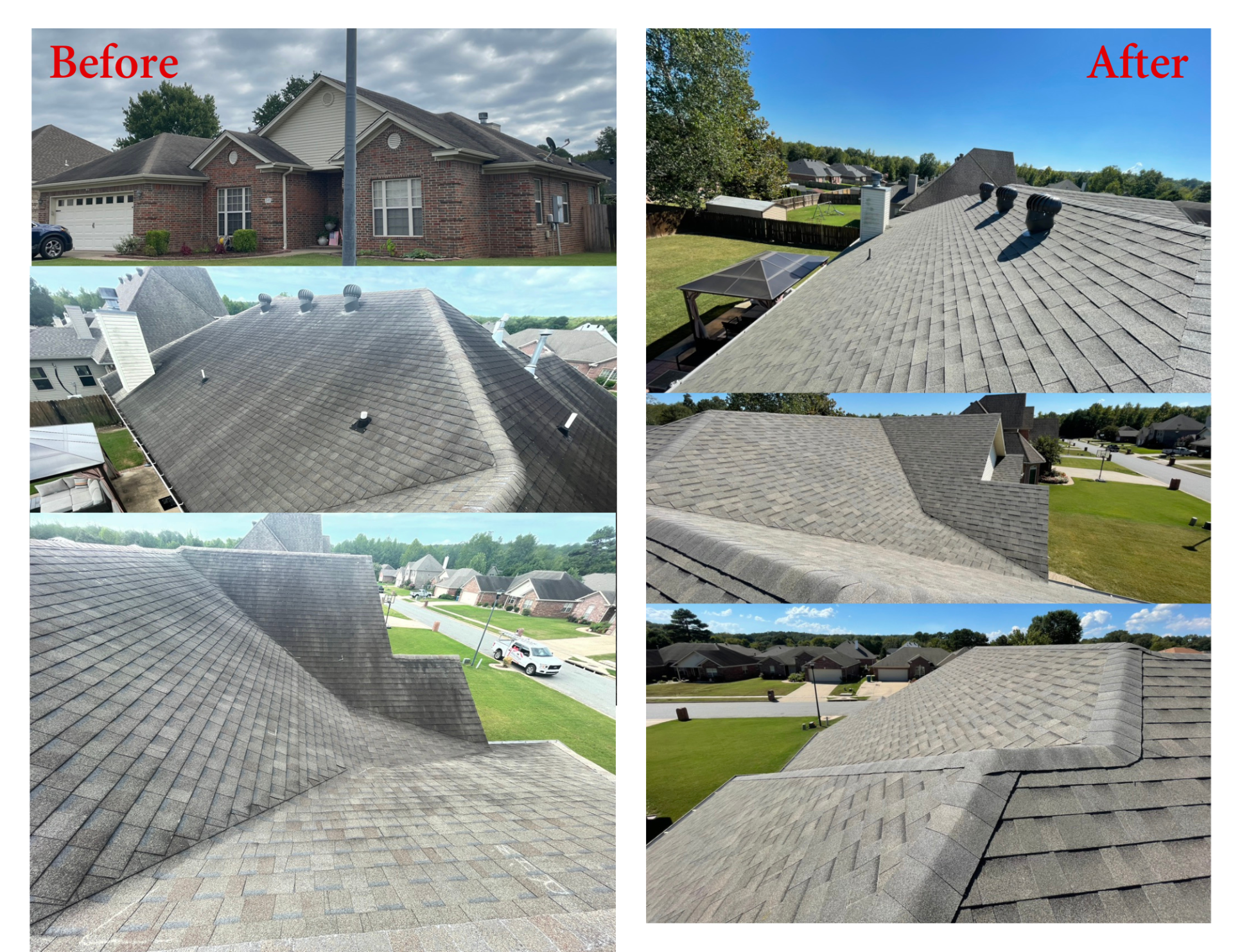 A before and after photo of a house 's roof