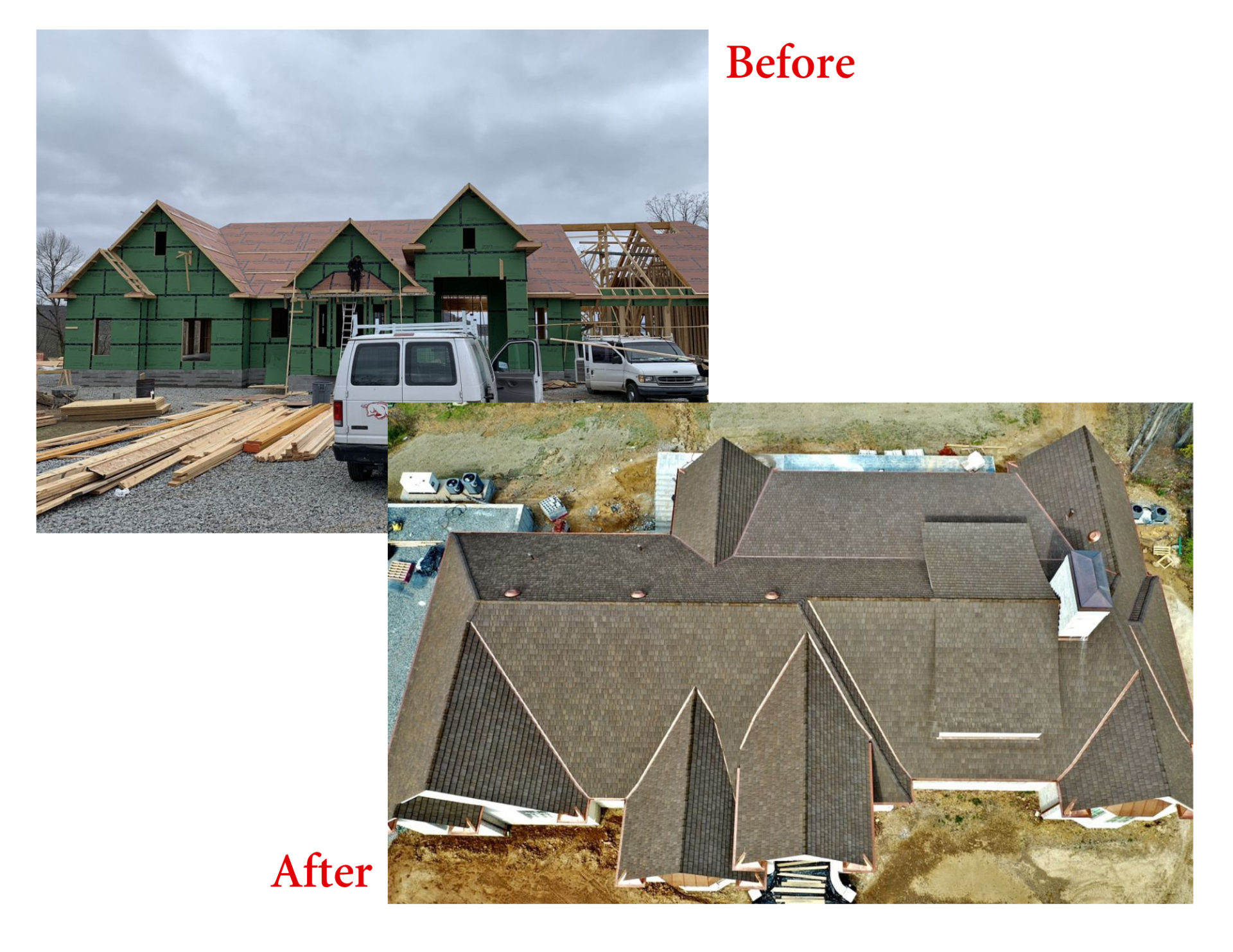 A before and after picture of a house under construction