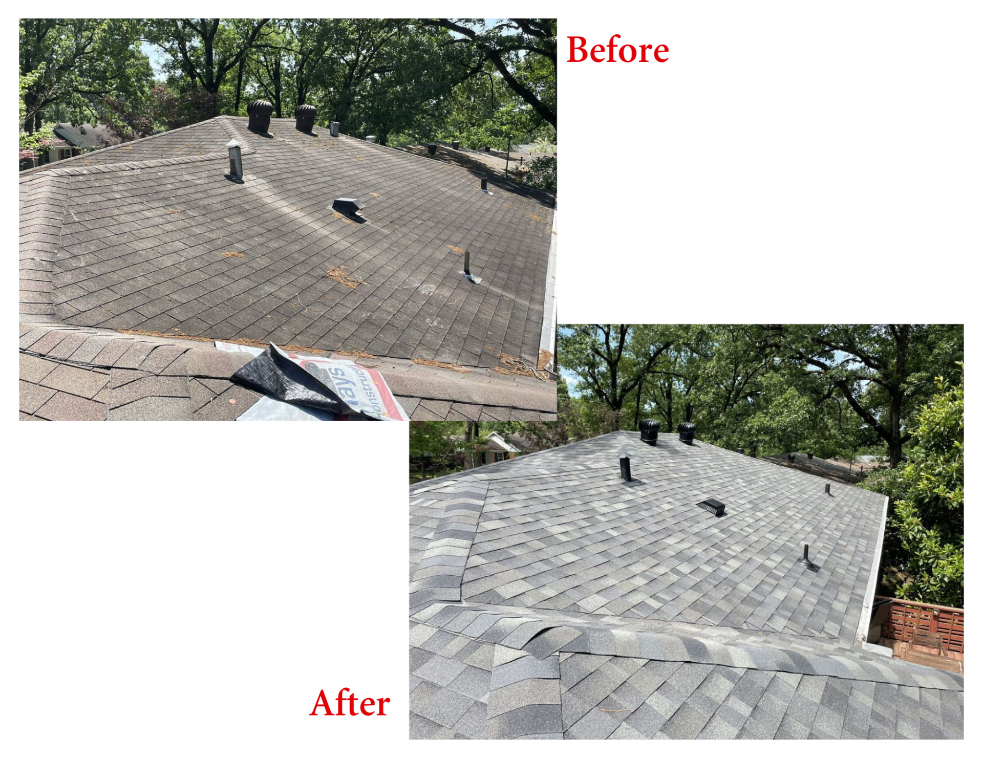A before and after picture of a roof with trees in the background.